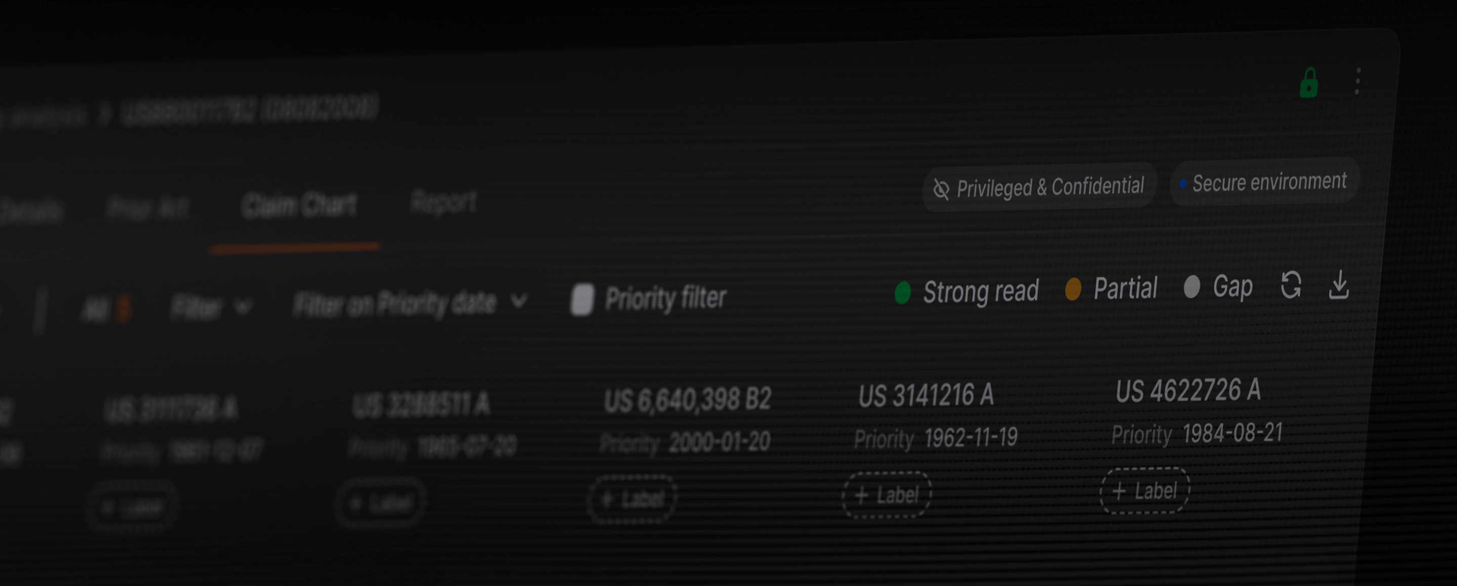 Stilta claim chart workspace marked Privileged & Confidential and running in a secure environment.